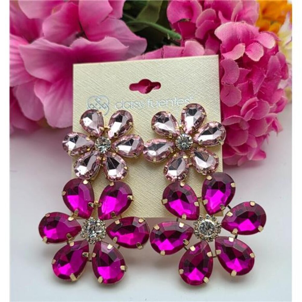 Daisy Fuentes Floral Drop Earrings Pink Crystal Gold Tone 3 Inch Statement
